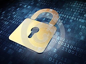 Security concept: Gold Closed Padlock on digital background