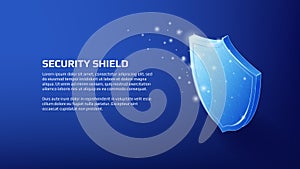 Security concept with shiny polygonal isometric shield and copy space on dark blue background. Protection applications. Vector for