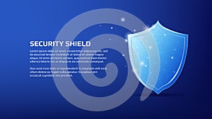 Security concept with shiny polygonal shield and copy space on dark blue background. Your protection. Vector for website or banner