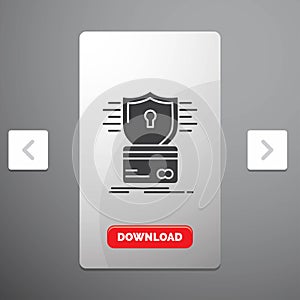security, credit card, card, hacking, hack Glyph Icon in Carousal Pagination Slider Design & Red Download Button