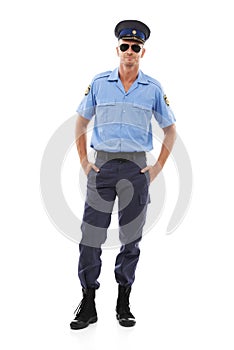 Security, crime officer and portrait of police on white background for authority, public safety and laws. Justice, law