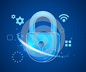 Security data online Iot technology concept, blue lock symbol digital illustration.