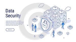 Security data protection isometric. Big data. Cloud technology. Cloud database, web hosting server room. Isometric