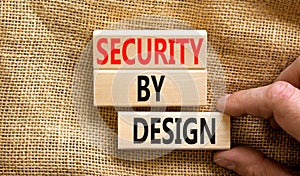 Security by design symbol. Concept words Security by design on wooden blocks on a beautiful canvas table canvas background.