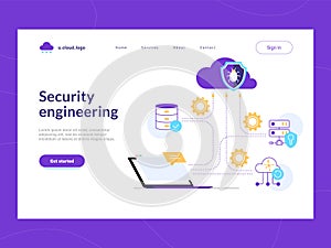 Security engeneering landing page first screen. Build effective protecting scheme for corporate data and network against