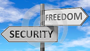 Security and freedom as a choice - pictured as words Security, freedom on road signs to show that when a person makes decision he