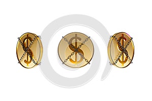 security gold coin dollar chain side elevation sign $ currency shackle money cash manacle front. Isolated with clipping path.