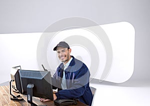 security guard on his desk working. White office