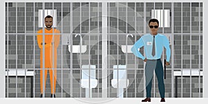Security guard and jailed man in prison cell. Lawbreaker or offender in prison uniform. Cartoon robber behind bars, policeman near