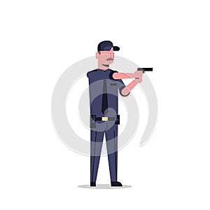 Security guard man in black uniform holding pistol police officer male cartoon character full length flat isolated