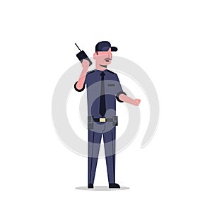 Security guard man in black uniform holding radio police officer speaking walkie talkie male cartoon character full