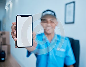 Security guard man, hand and blank phone screen for mockup space for cctv system promo, smile or automation. Safety