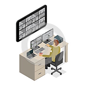 Security Guard Monitoring Service Isometric View. Vector photo