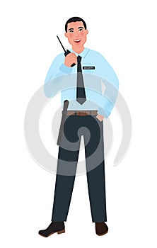 Security guard professional in uniform in a free pose holding a radio. The profession of security guard. Vector illustration of hu