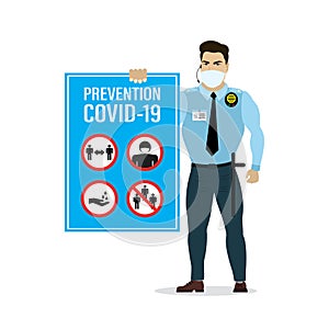 Security guard in protective mask. Staff holds Covid-19 prevention banner. Poster with prohibited marks, social distancing norms