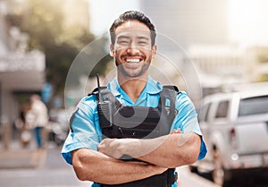 Security guard, safety officer and happy portrait of man outdoor to patrol, safeguard and watch. Professional Asian male