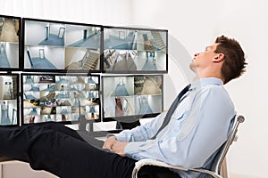 Security Guard Sleeping In Control Room photo