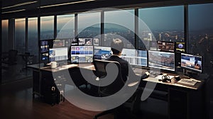 Security guards monitoring traffic in control room with video wall for legal services