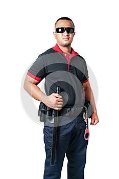 Security guards wear dark glasses. Stand holding a rubber baton and handcuffs on the tactical belt. on isolated white background