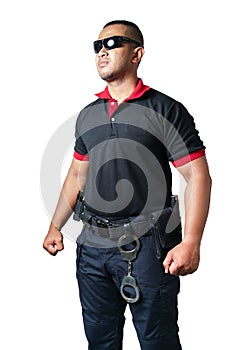 Security guards wear dark glasses. Standing up looking strong and handcuffed on the tactical belt. on isolated white background