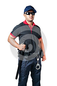 Security guards wearing black glasses and hats Stand holding a rubber baton and handcuffs on a tactical belt. on a isolated white