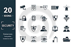 Security icon set. Include creative elements security camera, deffense, lock, protection, data protection icons. Can be used for