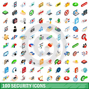 100 security icons set, isometric 3d style