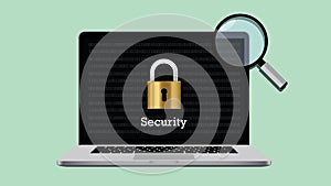 Security illustration with padlock and laptop magnifying glass
