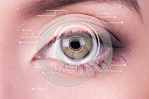 Security Iris or Retina Scanner being used on an Intense Macro Blue Human Eye, with Limited Palette.