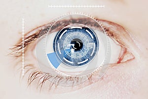 Security Iris Scanner on Intense Blue Human Eye photo