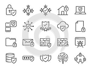 Security line icons. Included icons as cyber lock, password, unlock, guard, shield, home security system, firewall and more.