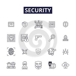 Security line vector icons and signs. Guard, Safekeeping, Shield, Safeguard, Lock, Defense, Warrant, Fortify outline