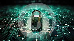 Security lock on computer circuit board, computer security concept