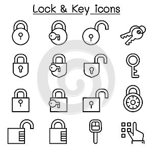 Security, Lock & Key icon set in thin line style