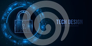 Security lock and sci-fi user interface with HUD elements. Password protection of computer system data. Glowing blue motherboard