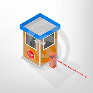 Security lodges with automatic barrier isometric, vector illustration.