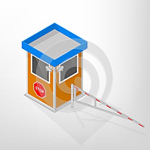 Security lodges with a mechanical barrier isometric, vector illustration.