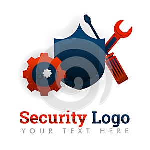 Security logo template for repair, upgrading, maintenance, manufacturing, industry, tools, safety, mechanics, networking, internet