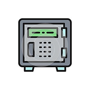 Security metal safe flat color line icon.