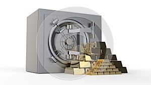 Security metal safe with Gold bars pyramid 3D rendering