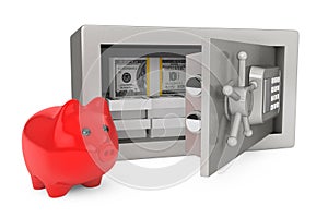 Security metal safe with money and Piggy Bank