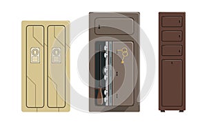 Security Metal Safes Set, Steel Bank Boxes with Lock Key Vector Illustration