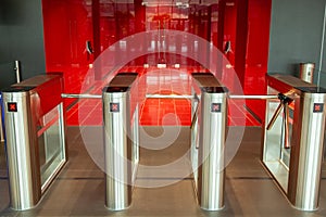 Security office center. Turnstile with card reader. Electronic checkpoint with a turnstile in the office center.