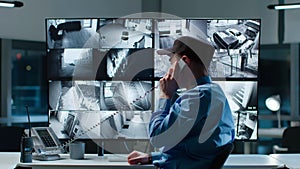 Security officer answer phone call watching cctv cameras on multi-screen workstation
