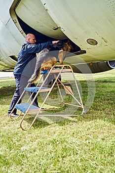 Security officer and detection dog inspecting airplane at airfield