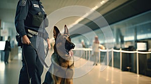 Security officer with police dog at airport. Generative AI