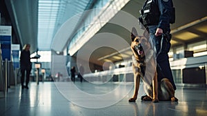 Security officer with police dog at airport. Generative AI