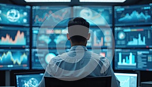 Security operator monitors multiple screens. Man in workplace control center with advanced software. Data analysis, protection.