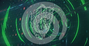 Security padlock icon and cyber security data processing against glowing tunnel in seamless pattern