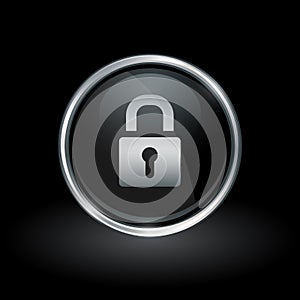 Security padlock icon inside round silver and black emblem
